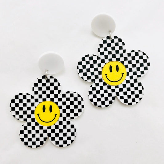Haus of Dizzy Dizzy Daisy Earrings Yellow Smiley and Checkered Daisy