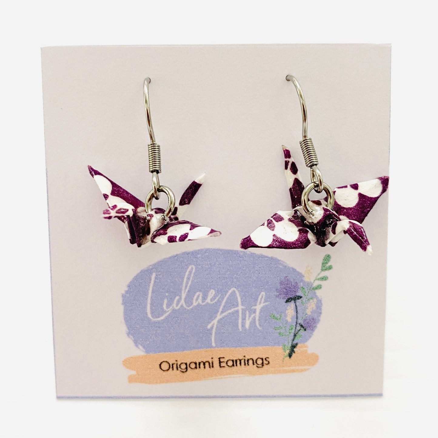 Lidae Art Origami Crane Earrings Purple Flowers