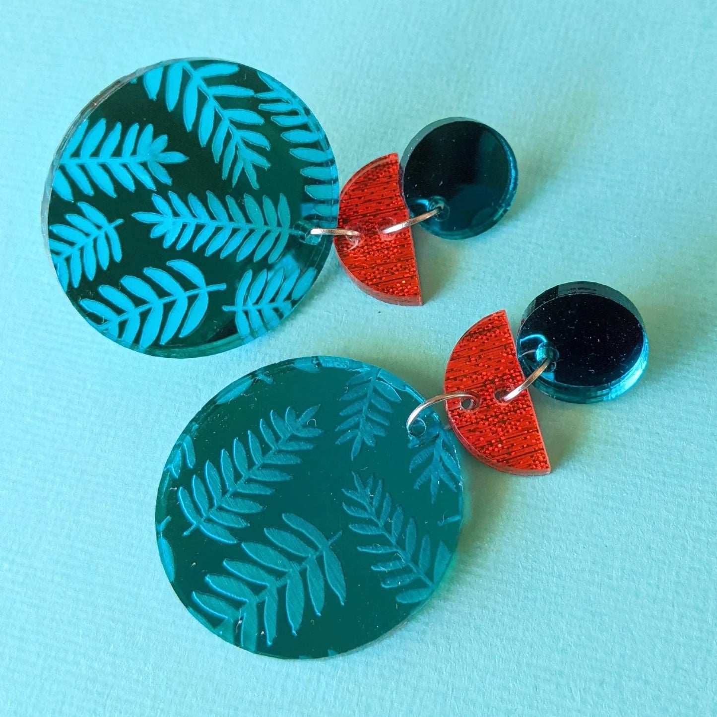 Under The Shade of a Bonsai Tree Earrings Teal Mirror Fern