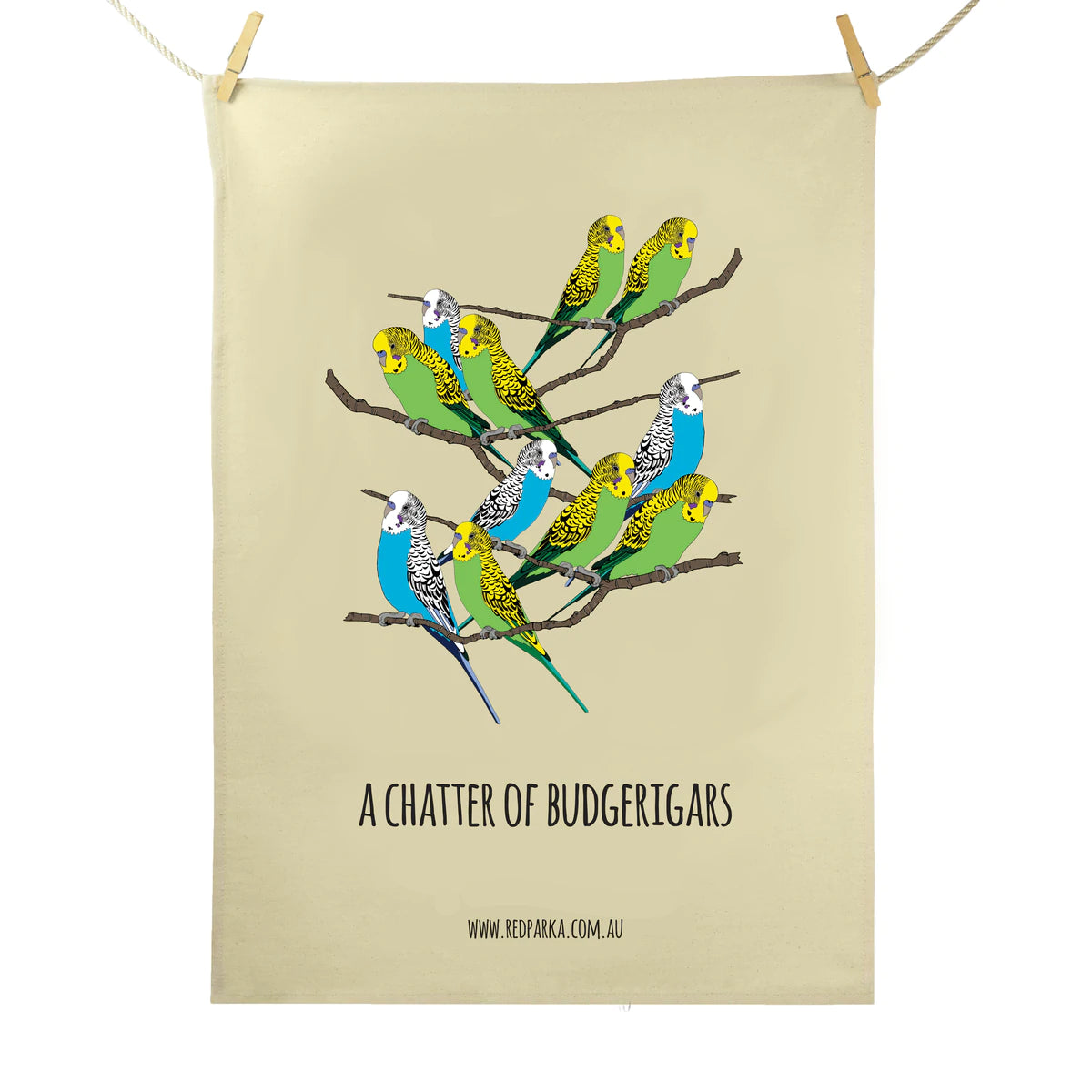 Red Parka Tea Towel Chatter of Budgerigars