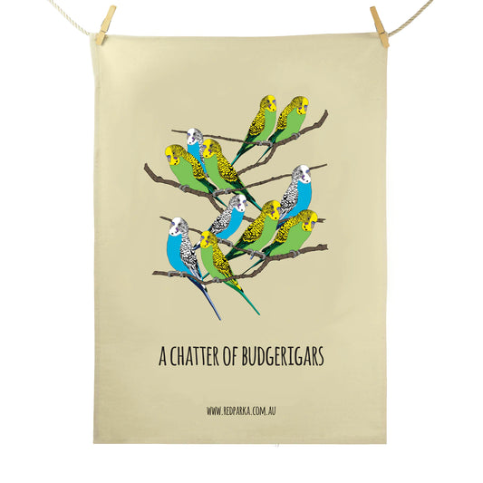 Red Parka Tea Towel Chatter of Budgerigars