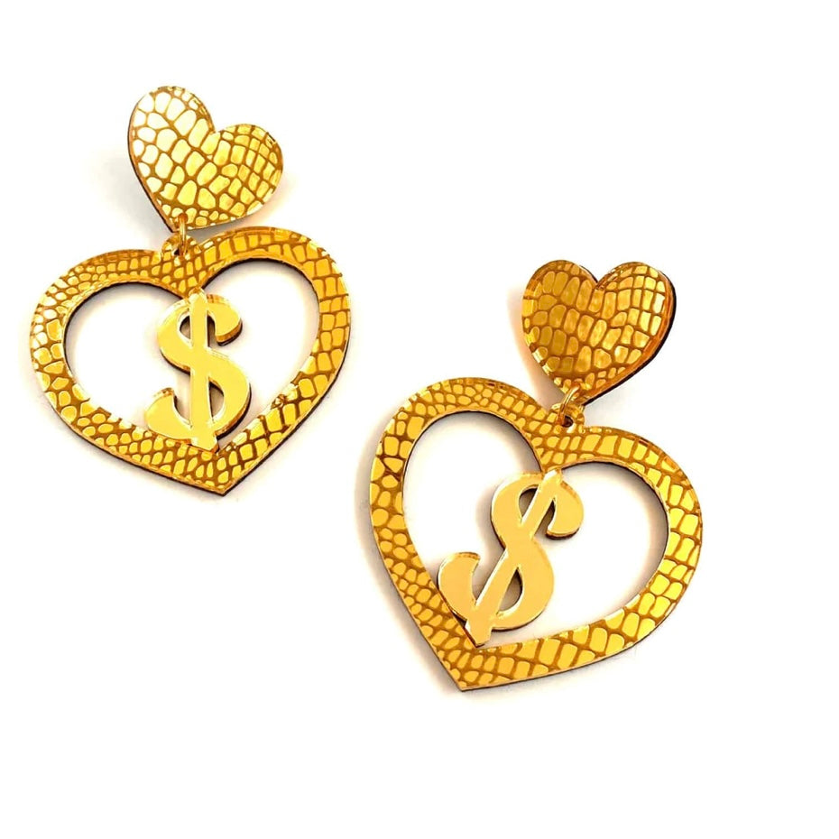 Haus of Dizzy Croc Dollarz Mirror Heart Earrings Gold