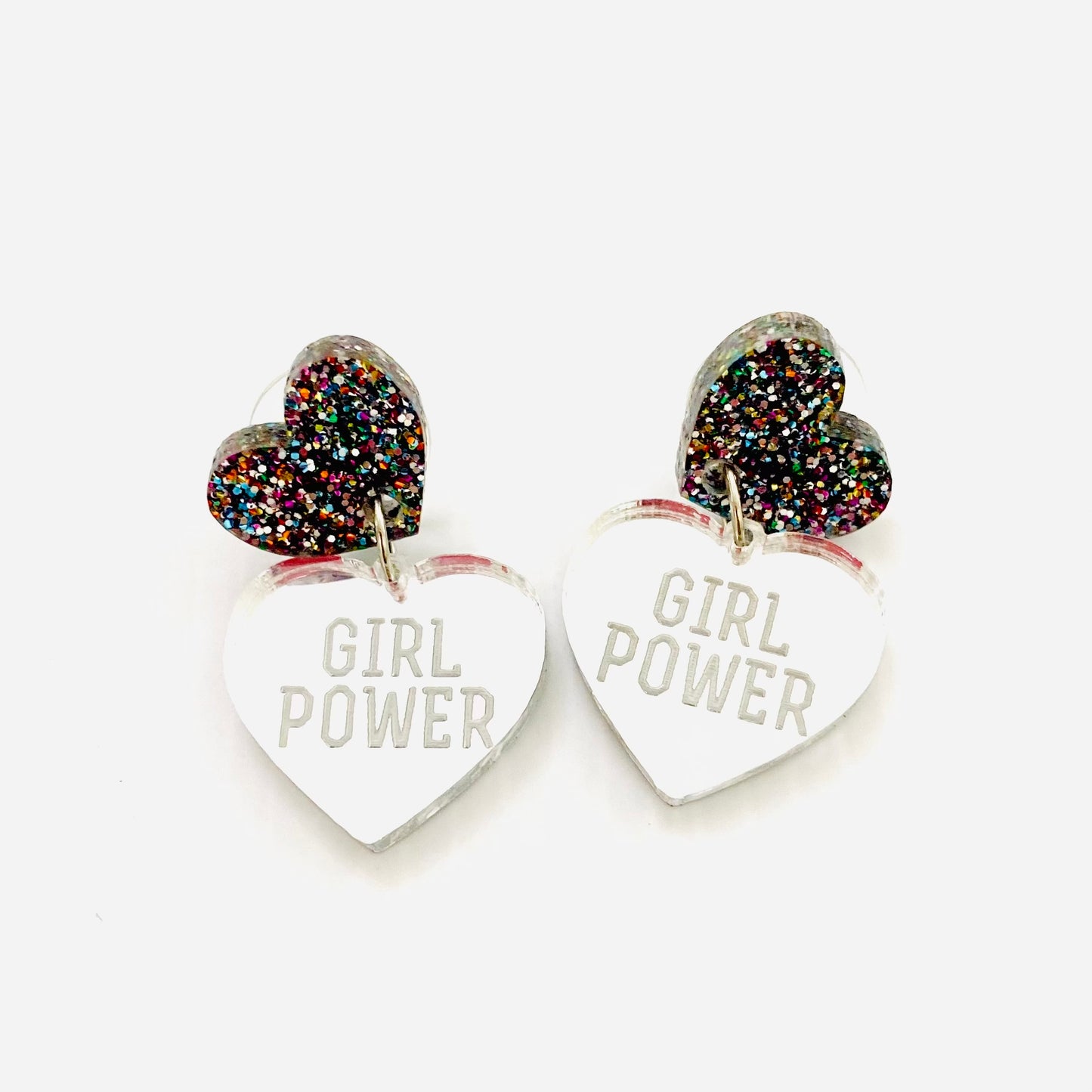 Haus Of Dizzy Mini Silver Girl Power Earrings Multi Glitter