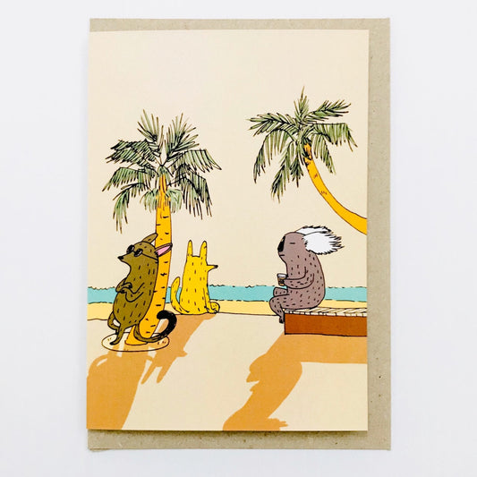 Surfing Sloth Card Sunset Beach