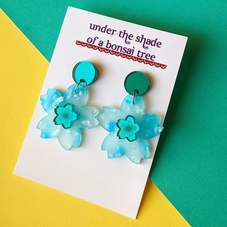 Under The Shade of a Bonsai Tree Earrings Sakura Pop Cherry Blossom Turquoise and Teal