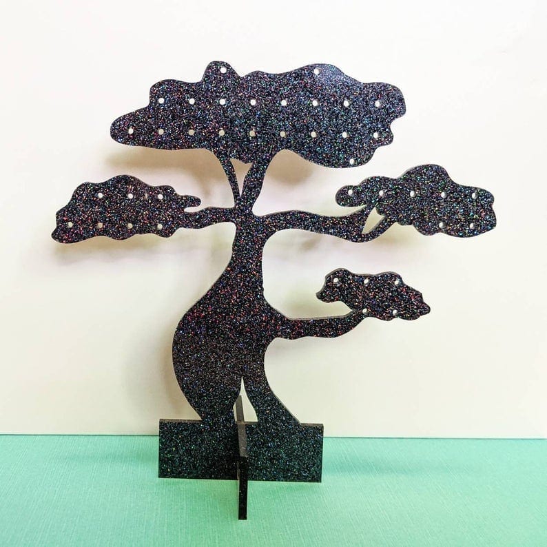 Under The Shade of a Bonsai Tree Earring Holder Stand Shimmery Holographic Black