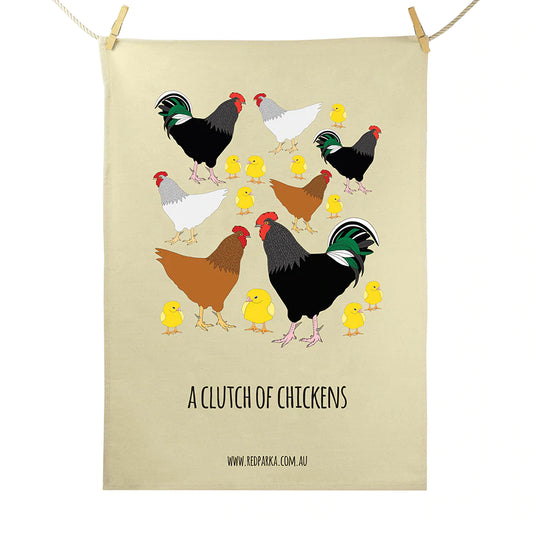 Red Parka Tea Towel Clutch of Chickens