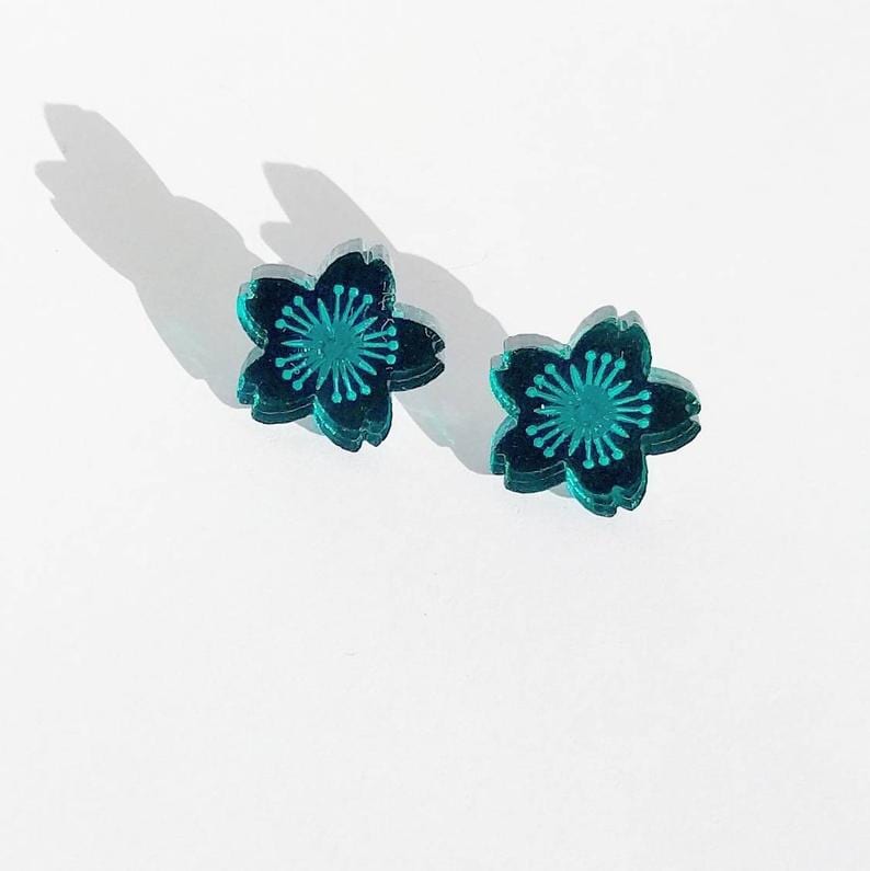 Under The Shade of a Bonsai Tree Earrings Sakura Stud Teal