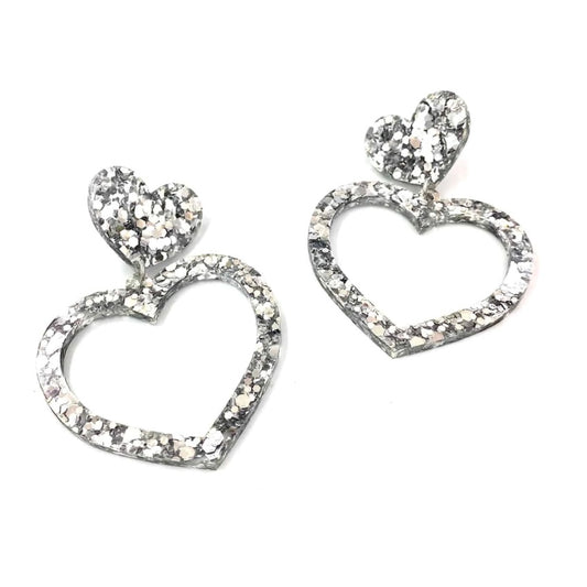 Haus of Dizzy Chunky Glitter Barbie Heart Earrings in Silver Large