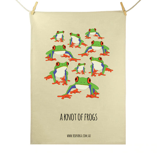 Red Parka Tea Towel Knot of Frogs