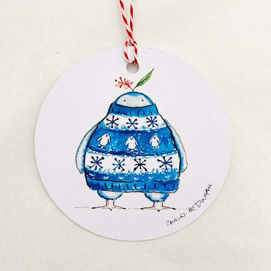 Caitlin McDougall Gift Tag Blue Sweater Penguin