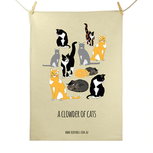 Red Parka Tea Towel Clowder of Cats